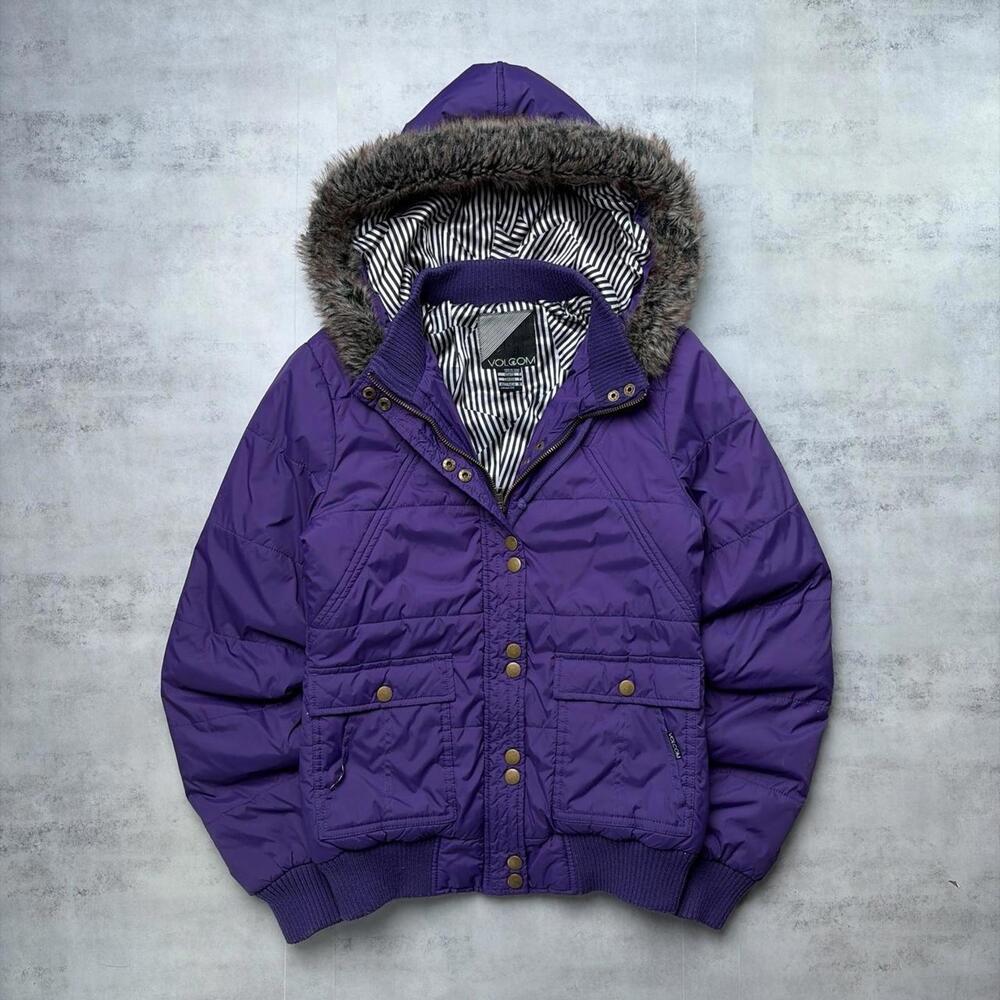 Y2K Purple Volcom Grunge Skater Faux Fur Hooded Puffer Jacket - Picture 1 of 8